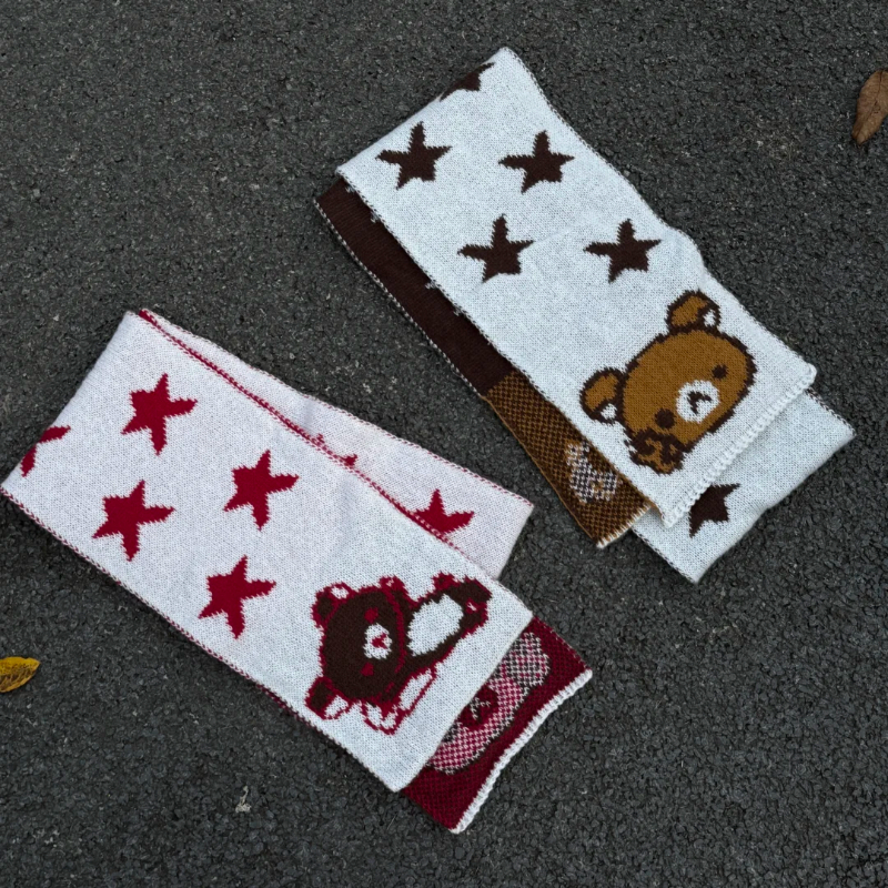 秋冬限定！可爱星星轻松小熊双面提花针织围巾女百搭保暖护颈围脖