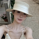 草帽女款 度假风褶皱白色绸带优雅法式 礼帽平顶夏季 出游遮阳帽防晒