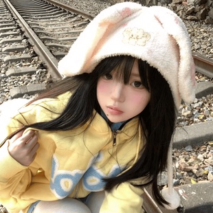 香香软软的兔子小蛋糕毛绒兔兔耳朵帽子冬季女生保暖可爱套头帽甜