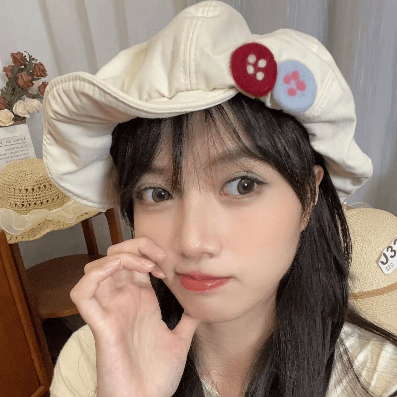 圆头大头羊毛毡彩色纽扣棉麻八角帽可爱翻边贝雷帽子女甜妹显脸小