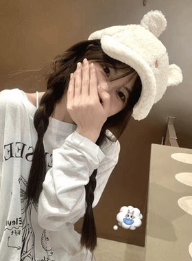 兔兔耳朵羊羔毛绒棒球帽女秋冬季女显脸小韩版爱心可爱甜妹鸭舌帽