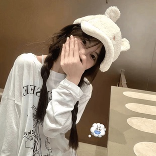 兔兔耳朵羊羔毛绒棒球帽女秋冬季女显脸小韩版爱心可爱甜妹鸭舌帽