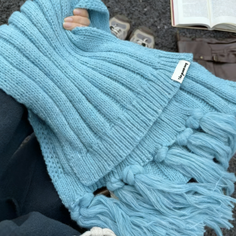蓝调高级感~粗线针织围巾女秋冬韩系氛围感百搭保暖单边流苏围脖