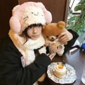 古早感粉色耳机笑脸小猫咪毛绒帽子围脖手套一体女生冬季 保暖加厚