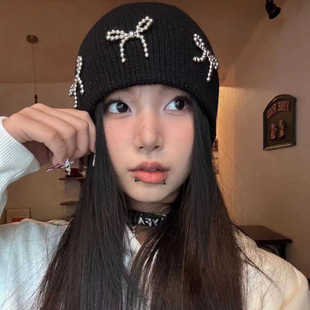 酷女孩亚比鎏金蝴蝶结针织毛线帽子女秋冬季复古黑显脸小y2k冷帽