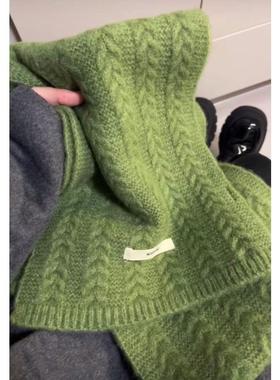 显白一抹茶奶绿色麻花含羊毛围巾女冬季软糯针织保暖纯色加厚围脖