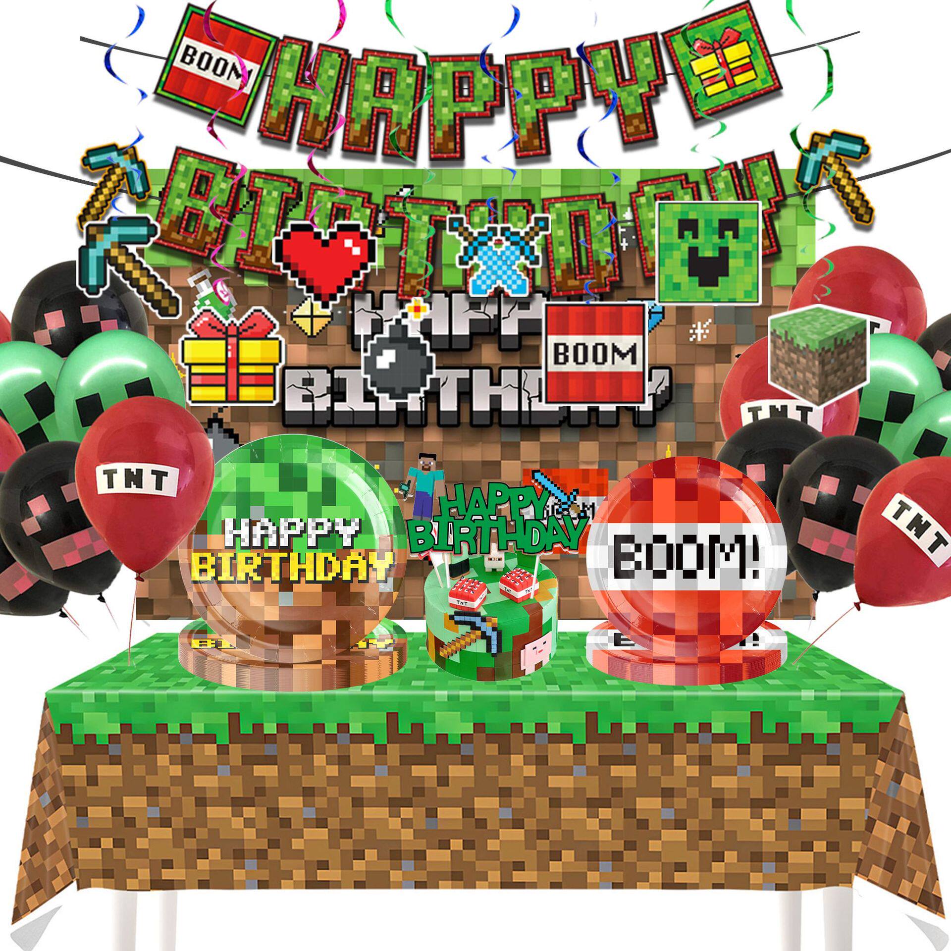 我的世界像素大战生日装饰纸盘纸巾纸杯餐具套装儿童聚会场景布置