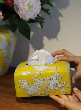 新中式彩绘陶瓷纸巾盒高级感陶瓷抽纸盒客厅桌面装饰摆件酒店