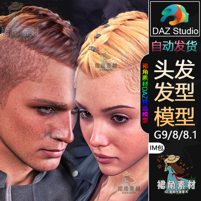 DAZ3D G9/8/8.1头发模型 维京风头顶小辫男女发型IM包 游戏素材