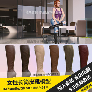 DAZ3D Studio 女性个性长靴长筒皮质鞋带靴子模型 游戏3d素材