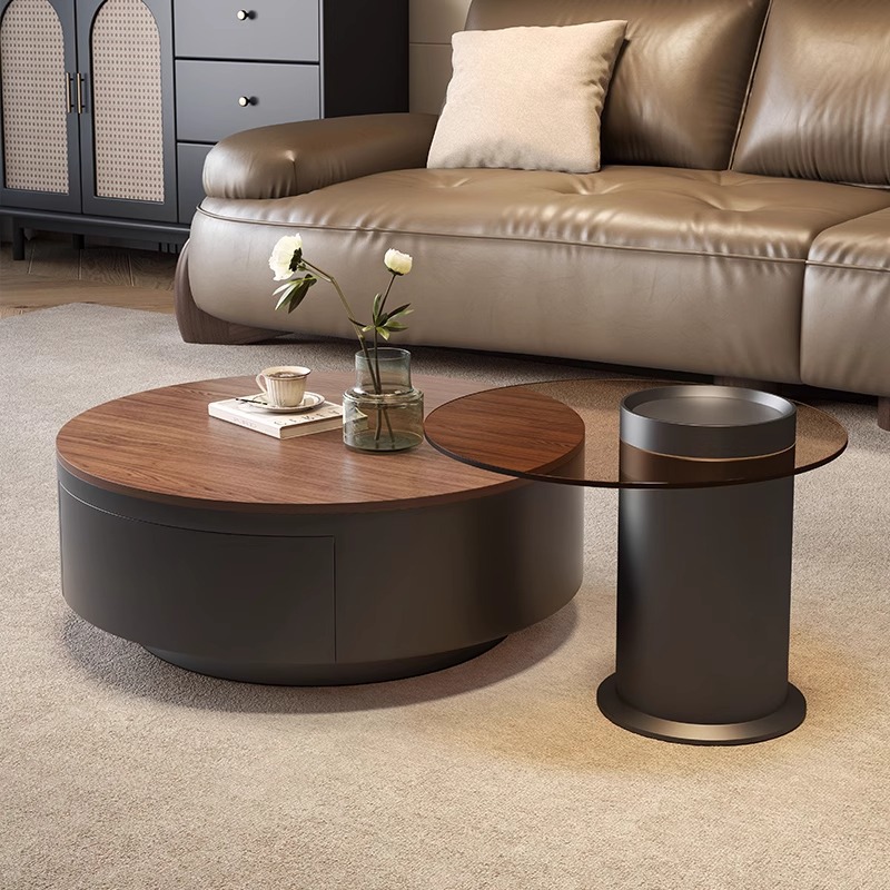 现代简约中古风家用客厅茶几小户型复古胡桃木色圆形实木茶桌组合