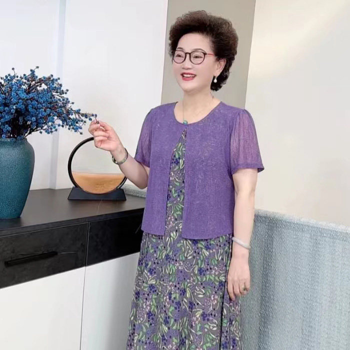 2025夏季大码女中老年洋气假两件中长款花卉透气凉爽连衣裙