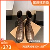 [ MU YE ZHEN ]Martin boots women 2021 spring and autumn Single boots Flat bottom genuine leather Low-heel Frenum Thin section Bootie