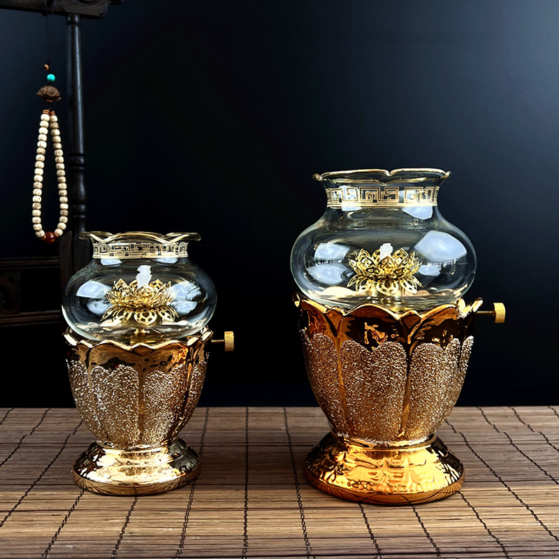 明引佛堂桌面摆放酥油灯八吉祥油灯佛灯陶瓷莲花金沙大号长明供灯