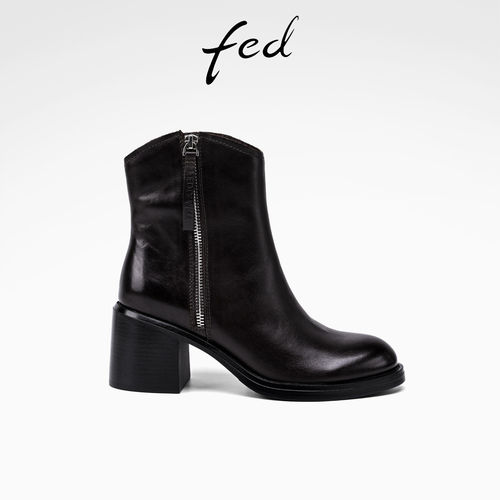 fed棕色真皮马丁靴冬季新款女鞋增高短靴粗跟时装靴女款ZCA056