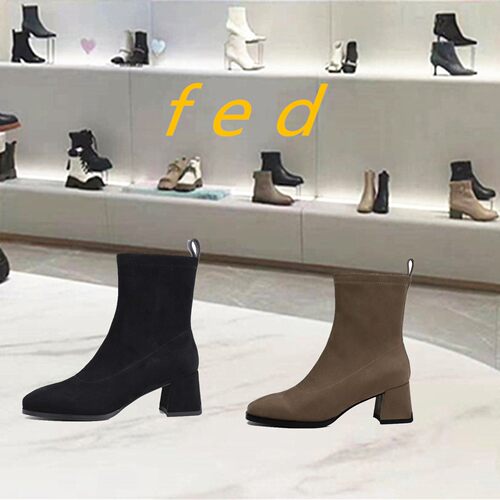FED商场同款2026冬季新款粗跟圆头时尚舒适弹力靴瘦瘦短靴GZG622