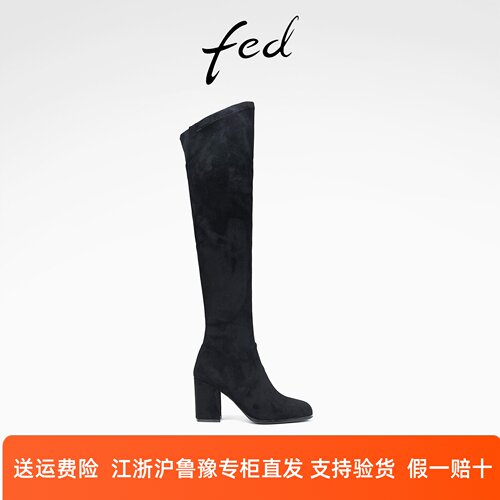 fed斜口过膝靴冬季新款女靴黑色时装靴弹力瘦瘦靴女款D1006-YA629