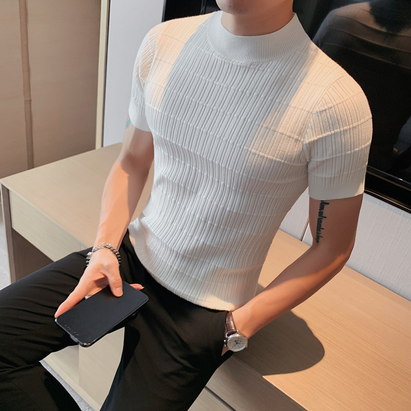 夏季薄款针织半高领t恤男短袖潮流修身韩版高端冰丝体桖休闲半袖