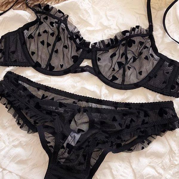 法式性感爱心网纱镂空纯欲透气软钢圈超薄内衣套装大胸显小文胸,女装/女士精品,大码内搭,淘宝优惠券,粉丝福利购,淘宝优惠卷