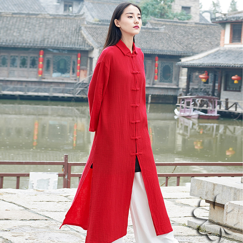 过年衣服女装中国风喜庆宽松复古风日常棉麻风衣女中长款盘扣开衫