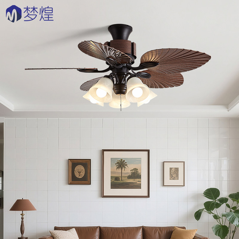 中古风扇灯餐厅奶油风吊扇灯卧室客厅变频法式复古一体吸顶电扇灯
