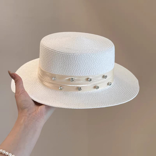 特猫柔超正版型！绅士褶皱缎带闪钻白色平顶草帽礼帽女度假旅游