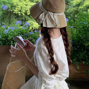 特猫柔 日本定制遮阳帽渔夫帽大帽檐草帽可折叠蝴蝶结设计款