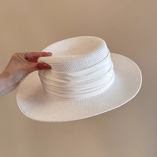 特猫柔绅士感白色纸草宽边缎带平顶礼帽女高端英伦海边度假草帽子