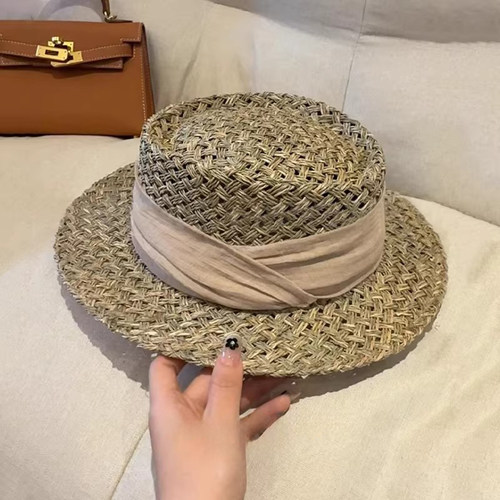 特猫柔 高端定制老钱感夏草编亚麻缎带礼帽女度假平顶草帽沙滩帽
