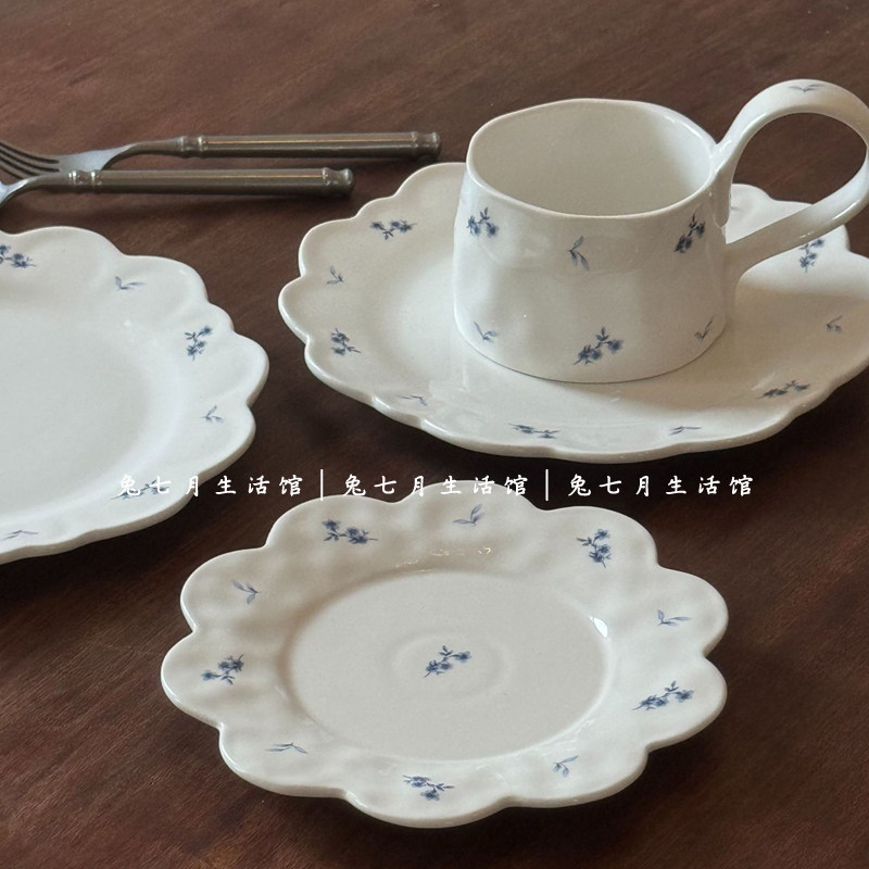 法式复古碎花陶瓷盘创意花瓣甜品盘意面盘点心碟高柄咖啡杯碟,餐饮具,盘,淘宝优惠券,粉丝福利购,淘宝优惠卷