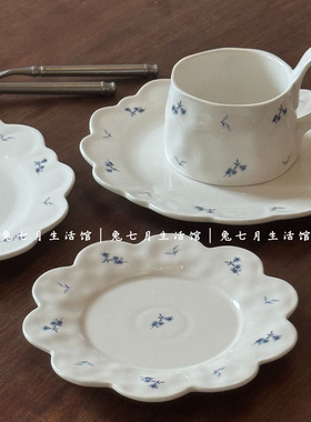 法式复古碎花陶瓷盘创意花瓣甜品盘意面盘点心碟高柄咖啡杯碟