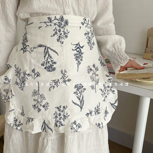 法式印花围裙甜品店荷叶边腰带百搭半身围裙烘焙花店咖啡馆工作服