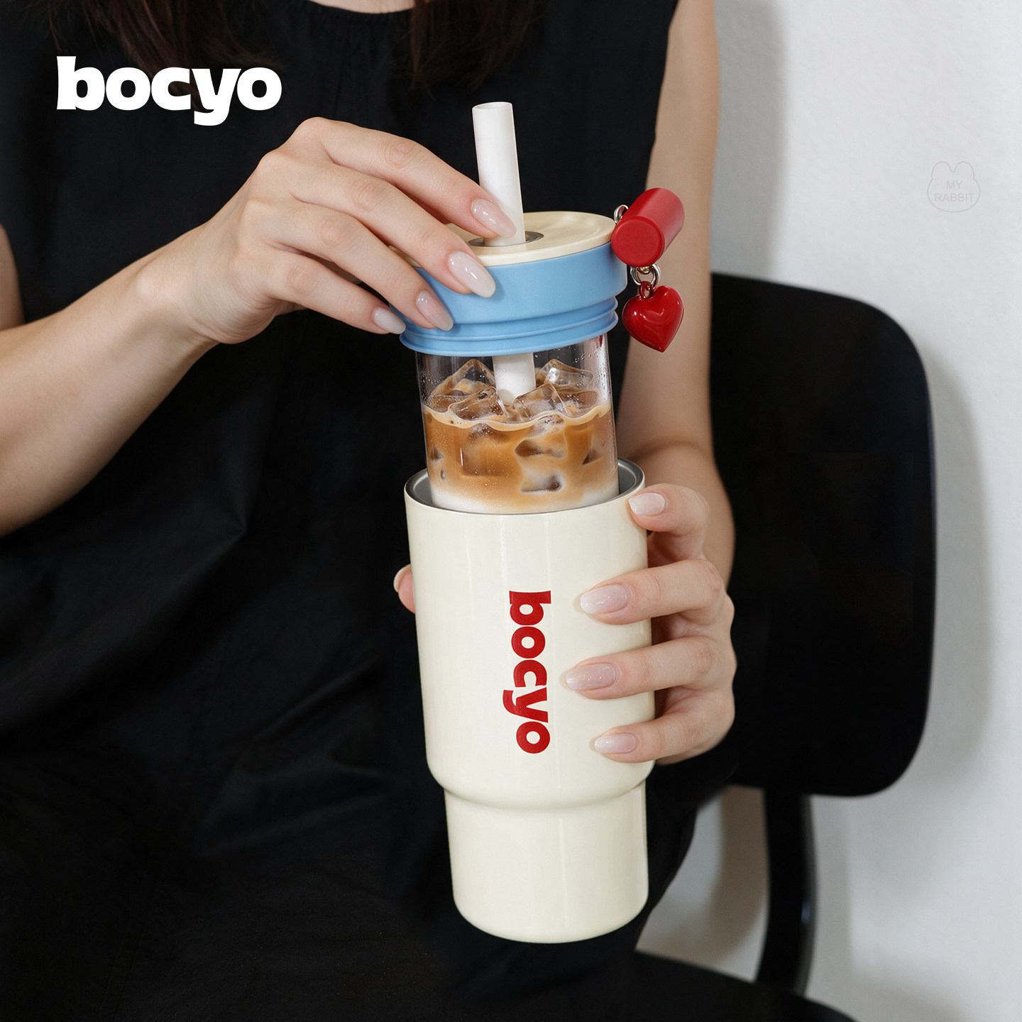 bocyo水杯女士玻璃内胆保温杯车载咖啡杯新款桌面可拆洗吸管杯子