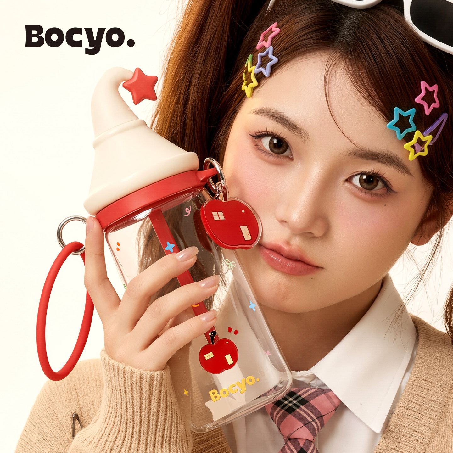 bocyo水杯玻璃杯女夏日高硼硅新款帽子可爱儿童上学夏天吸管杯子