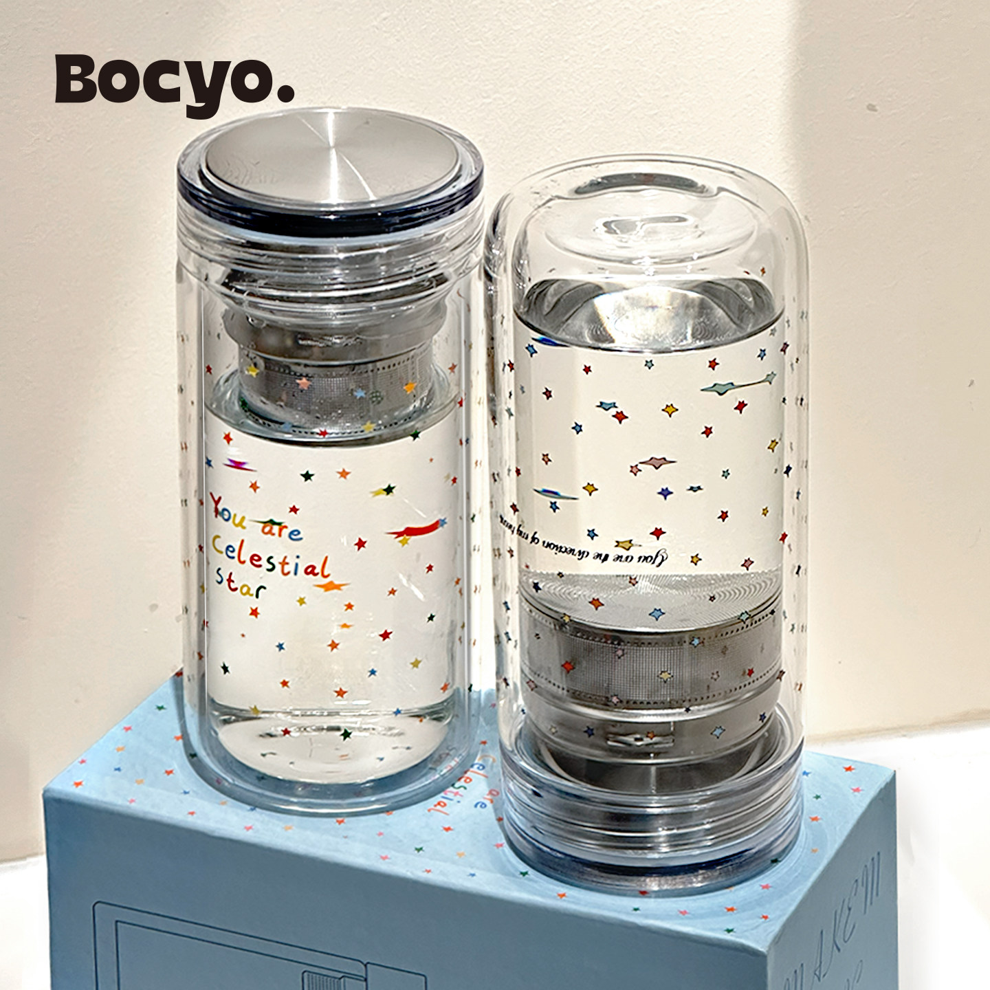 bocyo双层玻璃杯办公室水杯女便携家用新款防烫茶水分离花茶杯子