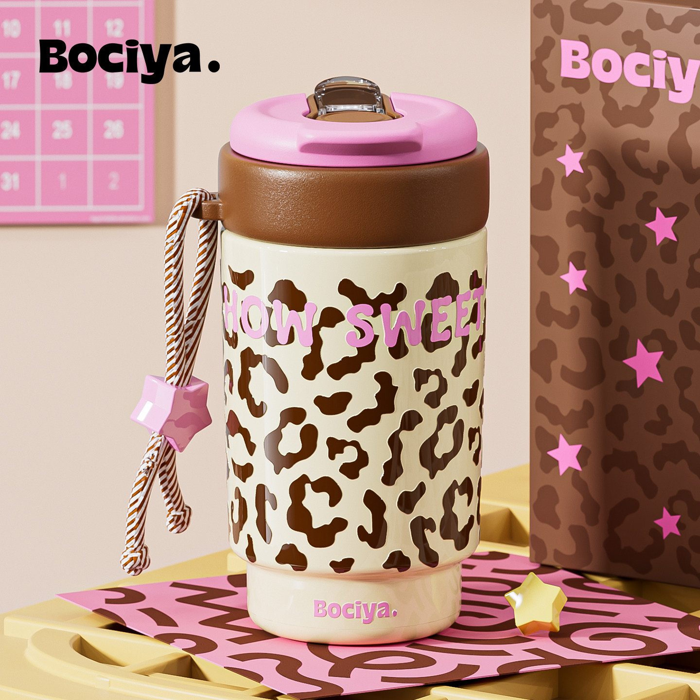 bociya水杯保温杯女士高颜值咖啡杯外出携带2026新款豹纹吸管杯子 - 柏采雅旗舰店出品