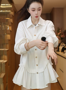 2025冬季新款韩系洋气减龄温柔风中长款白色花边拼接衬衫裙外套女