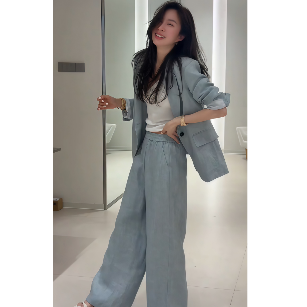 2026春季新款韩系优雅复古减龄穿搭灰色西装外套直筒裤两件套装女