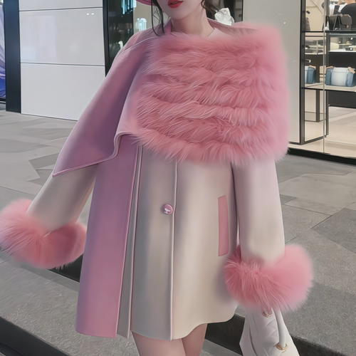 简约毛毛袖口简约粉色毛呢外套女