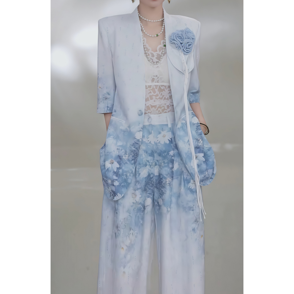 夏季新款潮牌女装新中式手绘图渐变西装女百搭套装印花西装套装