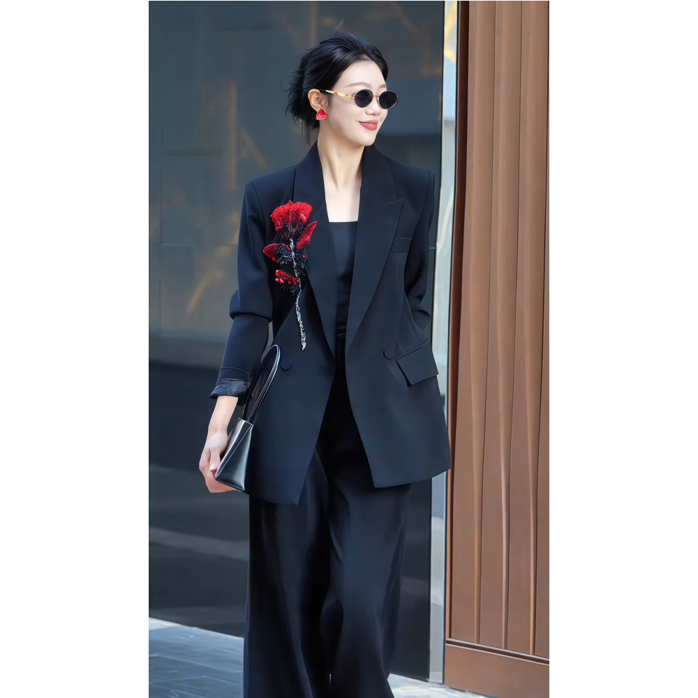 2026年春季新款韩系显瘦轻熟洋气立体刺绣纯色西装外阔腿裤套装女,女装/女士精品,时尚套装,淘宝优惠券,粉丝福利购,淘宝优惠卷