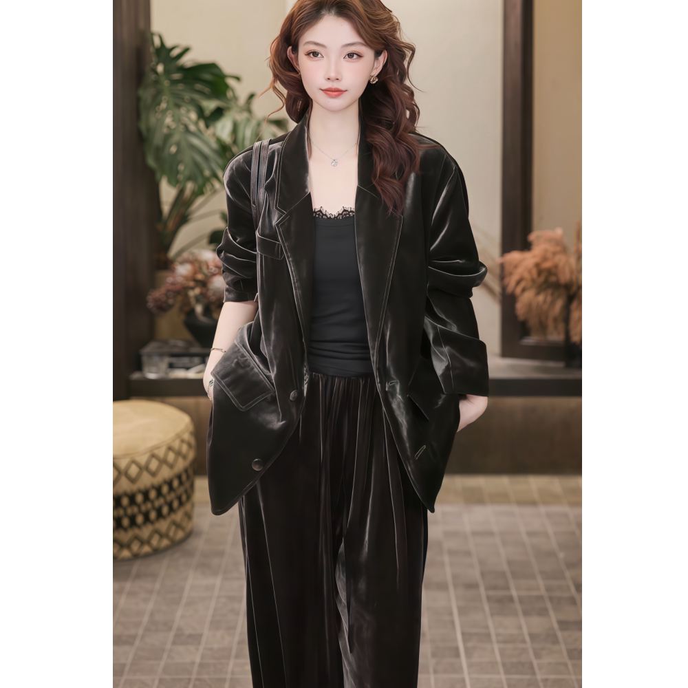 2026年春季新款韩系小众淑女优雅金丝绒黑色西装外套直筒裤套装女
