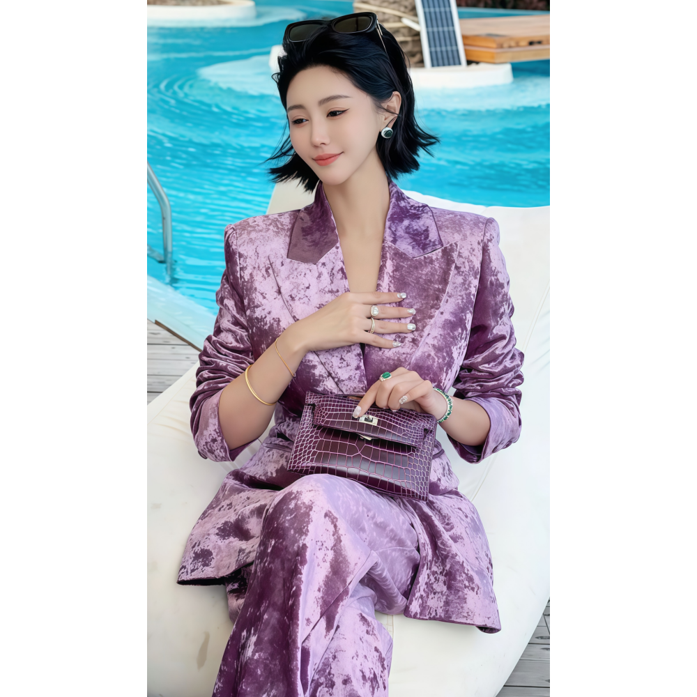 2026年春季新款韩系气质显瘦高级中长款紫色金丝绒西装长裤套装女,女装/女士精品,时尚套装,淘宝优惠券,粉丝福利购,淘宝优惠卷