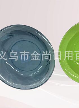 Plastic dinner plates, large fruit platters, salad, steak, a