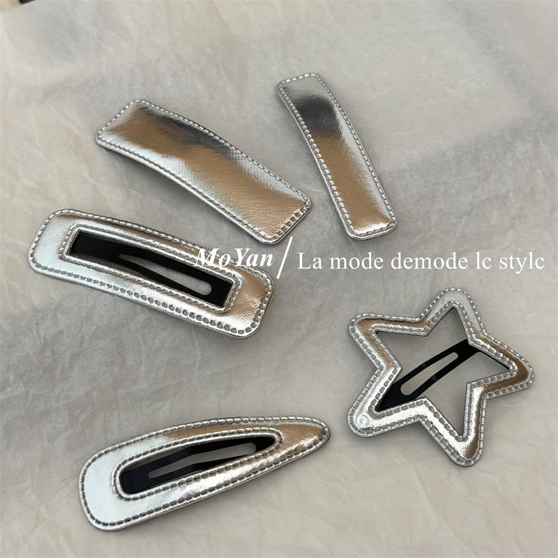Korean-style simple silver leather hair clip for women, feat