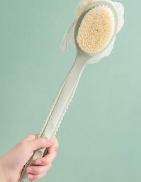 Bath and shower brush with a long handle, featuring a bath f