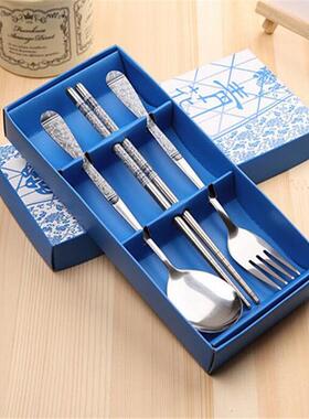 Blue and White Porcelain Set Stainless Steel Fork, Spoon, an