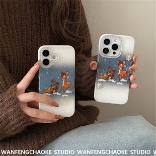 闪片立体雪花小鹿斑比适用苹果17promax手机包iPhone15 16保护套