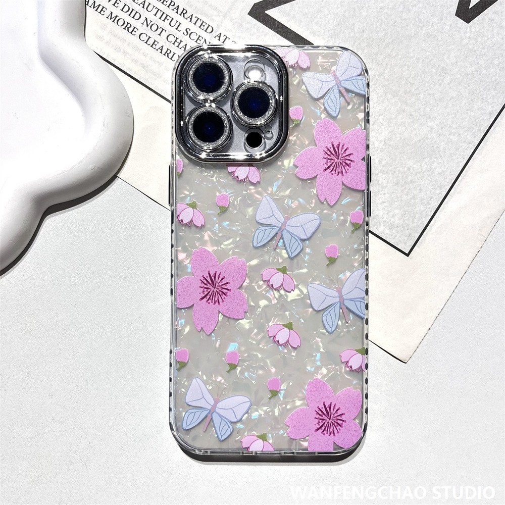 粉色桃花蝴蝶苹果16贝壳纹手机壳适用iphone15 14 防摔12 11精孔