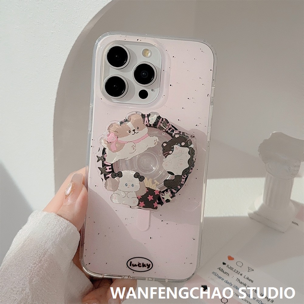 粉色泼墨磁吸支架16promax苹果手机壳iphone15适用14卡通动物13软